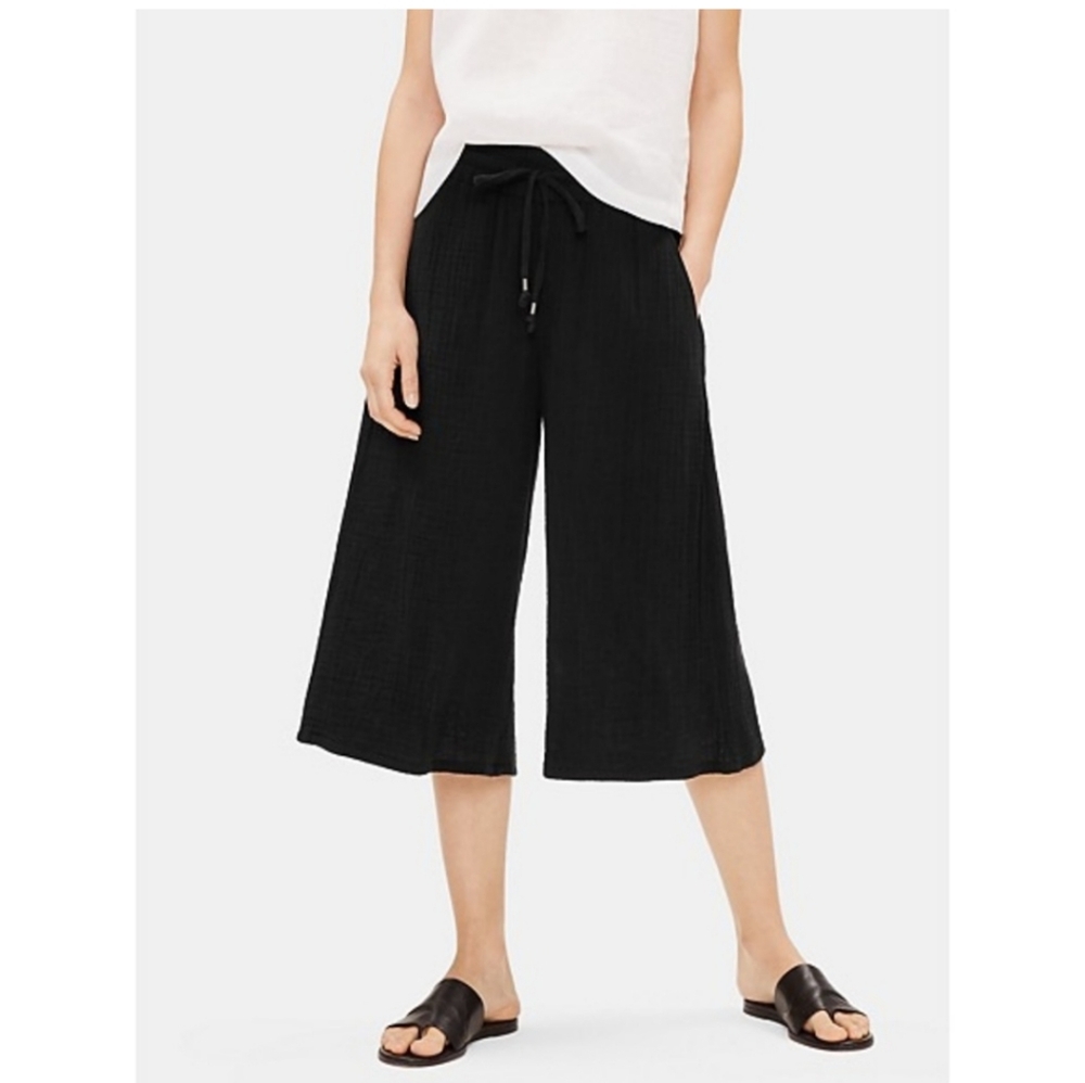 Eileen Fisher Organic Cotton Gauze Culollete Black Pants - Size XS